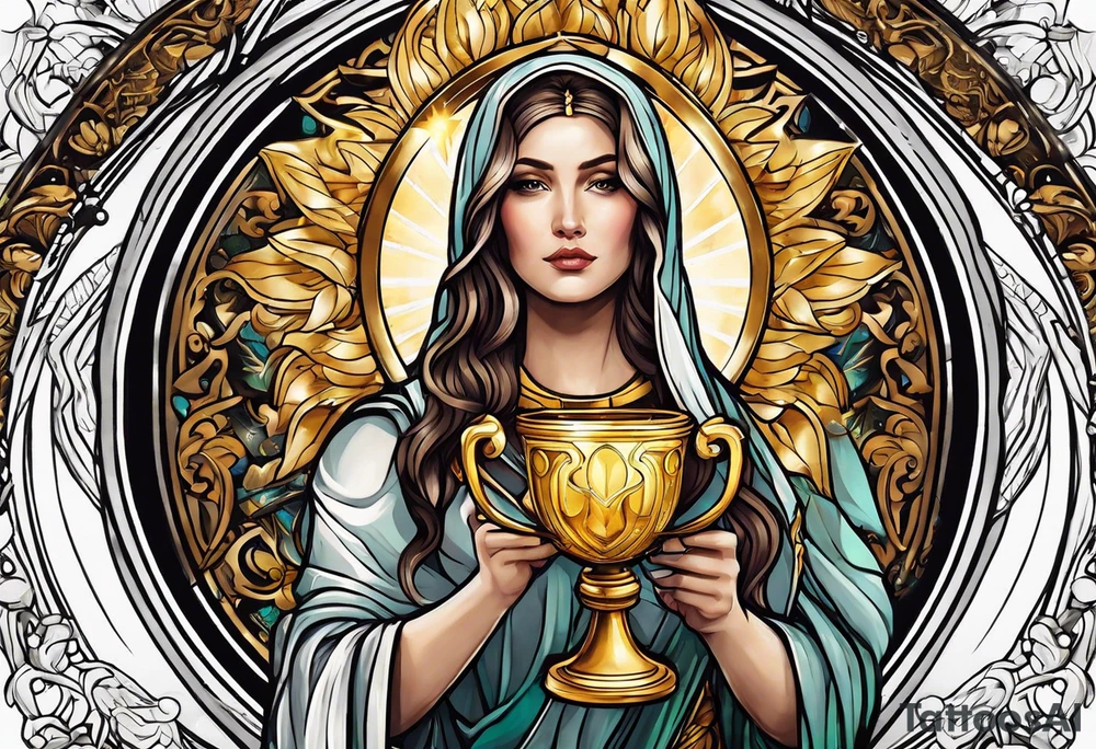 woman saint holding chalice surrounded by golden halo sideways tattoo idea