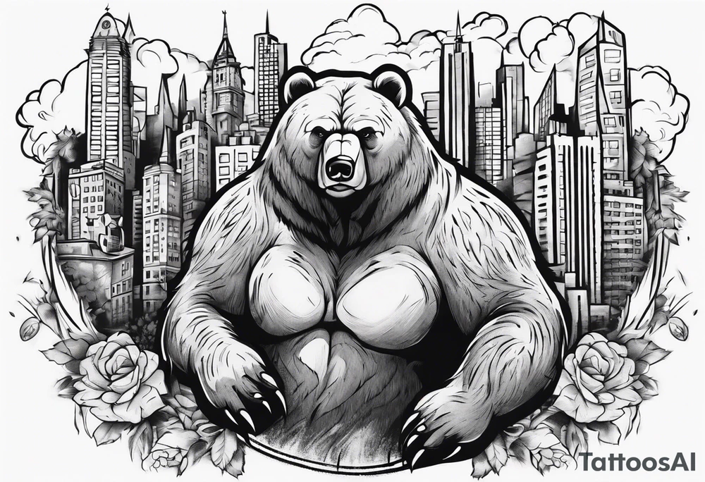 Serious bear coming up behind a city tattoo idea