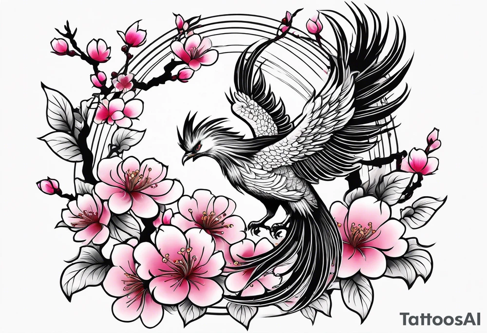 traditional Japanese phoenix and pink cherry blossoms blank background tattoo idea