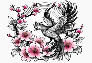 traditional Japanese phoenix and pink cherry blossoms blank background tattoo idea