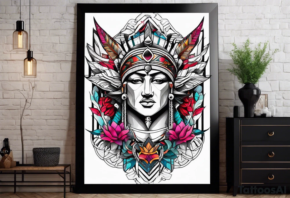 Geometric tapestry with trident and and marathon on arm tattoo idea