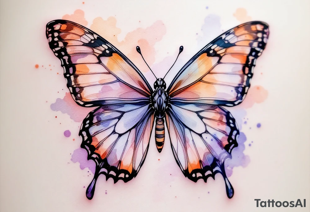 Janička name framed by a soft watercolor butterfly, in shades of peach and lavender. tattoo idea