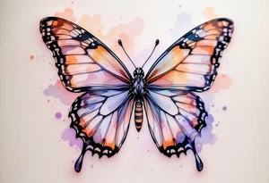 Janička name framed by a soft watercolor butterfly, in shades of peach and lavender. tattoo idea