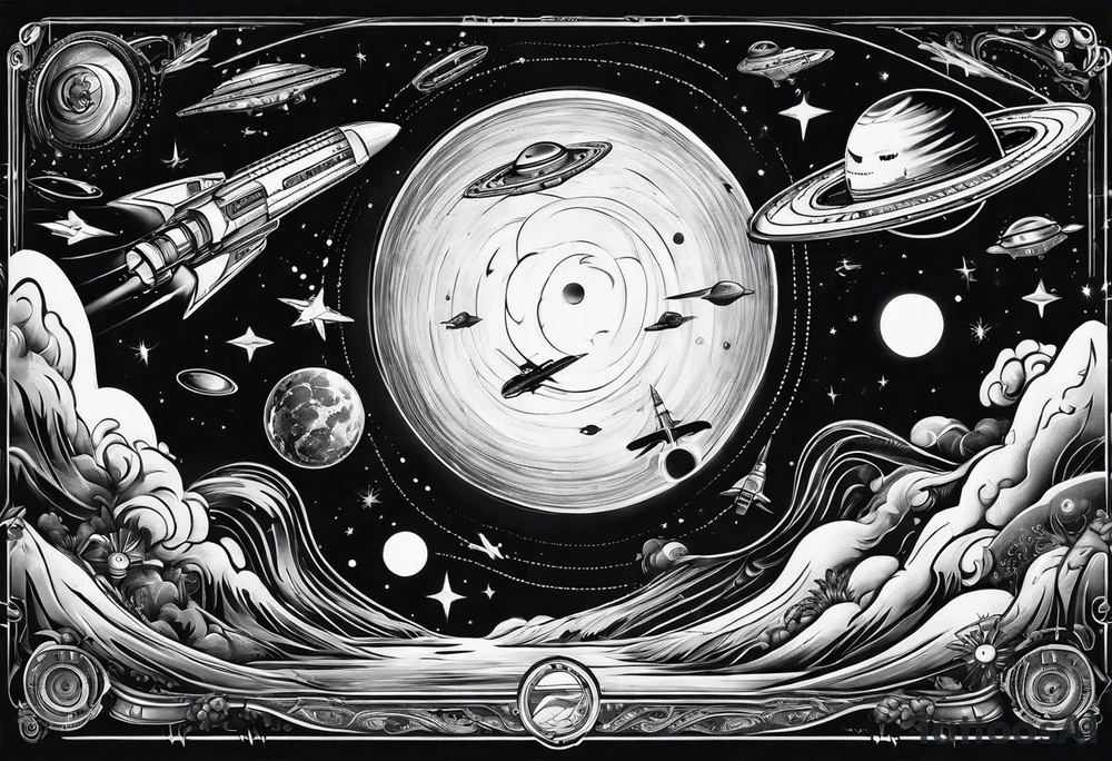space themed arm sleeve with aliens ufos airplanes and rockets tattoo idea
