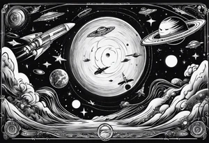 space themed arm sleeve with aliens ufos airplanes and rockets tattoo idea