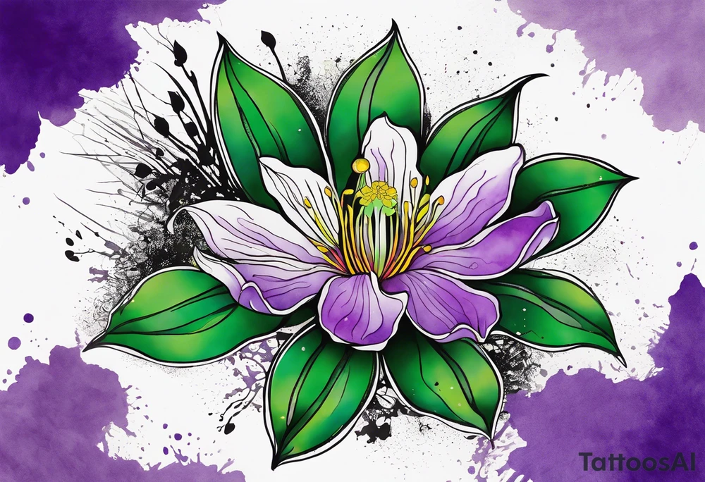 A mystical outline of a rio dipladenia flower and a green/purple watercolor splatter in the background tattoo idea