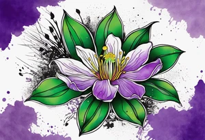 A mystical outline of a rio dipladenia flower and a green/purple watercolor splatter in the background tattoo idea