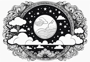 circle vignette frame surrounded by stars clouds tattoo idea