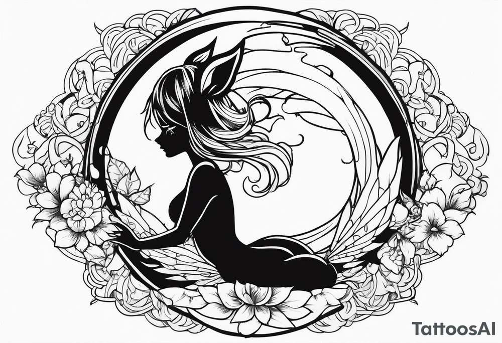 No color fairy with a tail inspired by the logo of the anime show called Fairy Tail in a fetal position leaning in and forward while sleeping tattoo idea