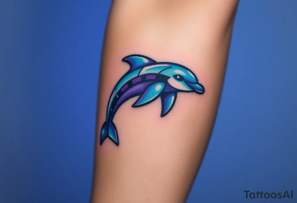 A pixelated dolphin emerging from digital waves, with cyberpunk hues of neon blue and purple tattoo idea