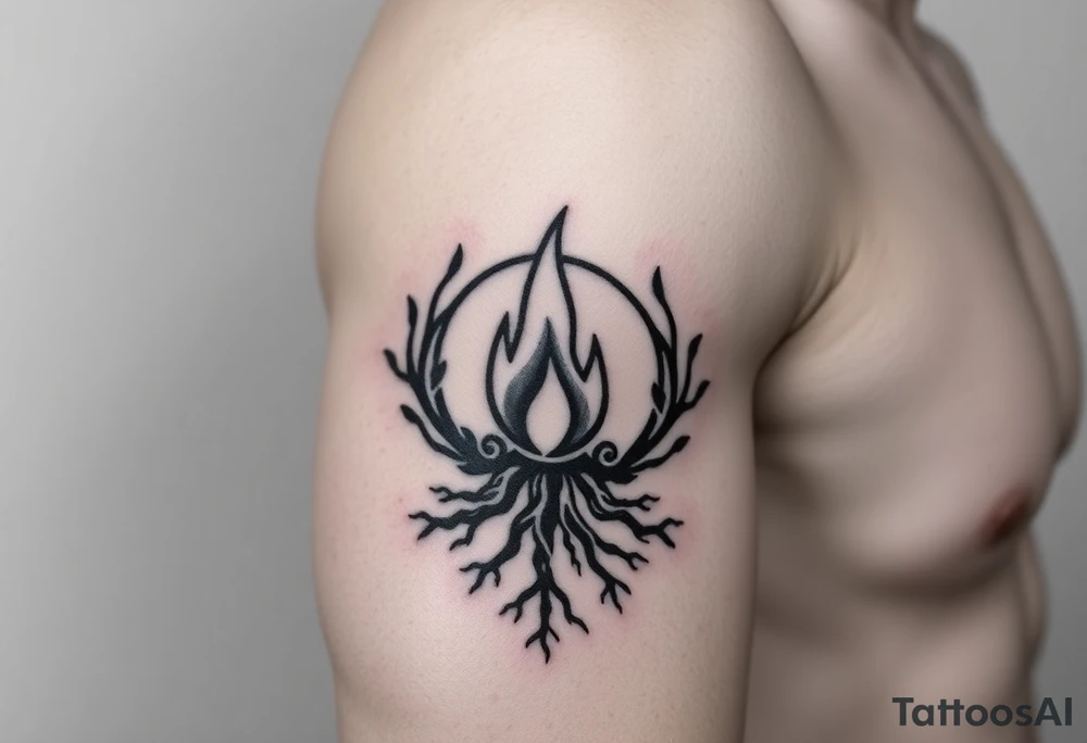 a round flame imprisoned in a roots circle tattoo idea