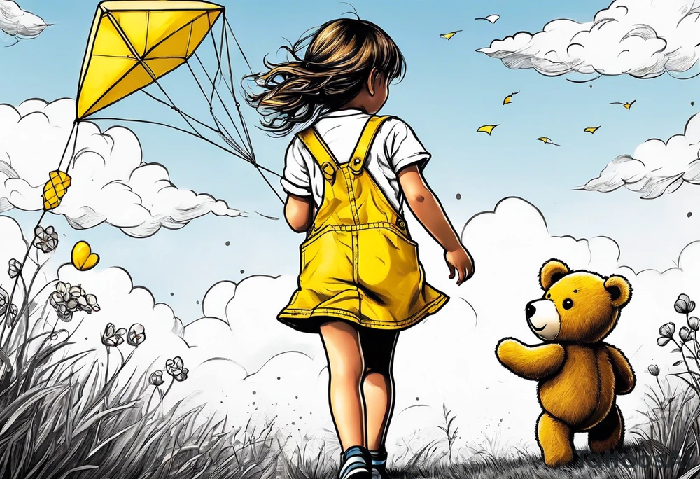 back image of a little girl flying a kite with a teddy bear in yellow overalls beside her tattoo idea