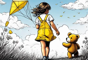 back image of a little girl flying a kite with a teddy bear in yellow overalls beside her tattoo idea