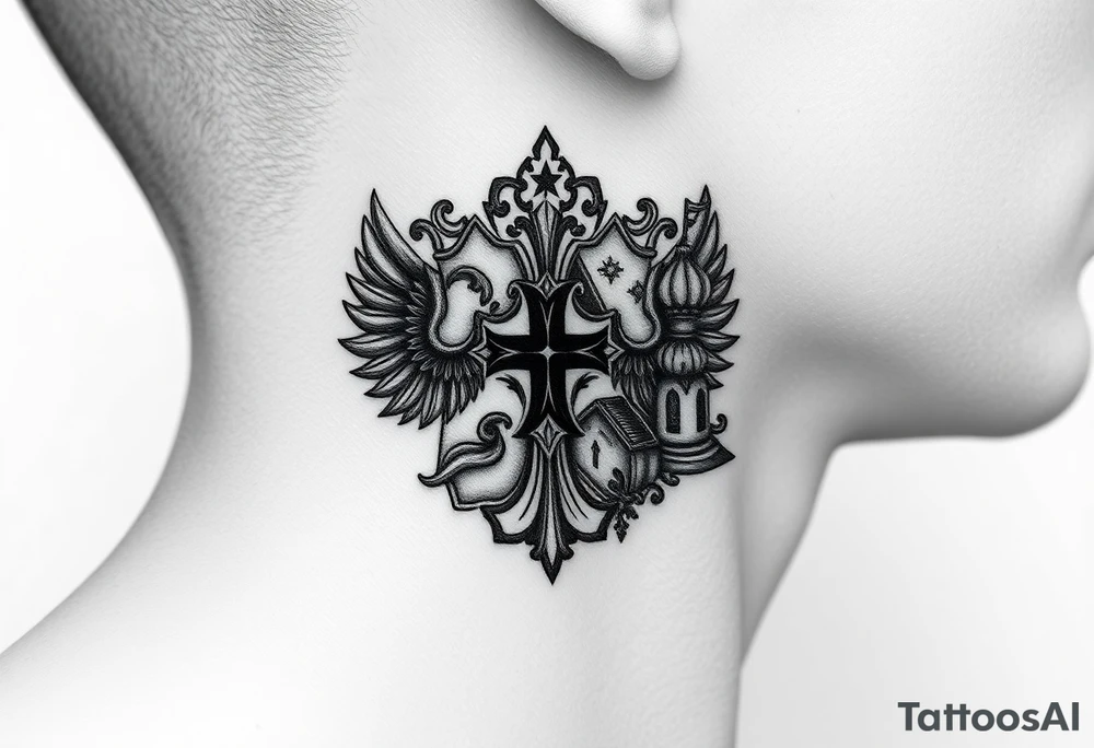 russian coat arms in a russian christian orthodox cross with the cross in the middle with a virgin mary & orthodox dome church on the side of the neck in a wilderness setting tattoo idea
