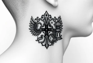 russian coat arms in a russian christian orthodox cross with the cross in the middle with a virgin mary & orthodox dome church on the side of the neck in a wilderness setting tattoo idea
