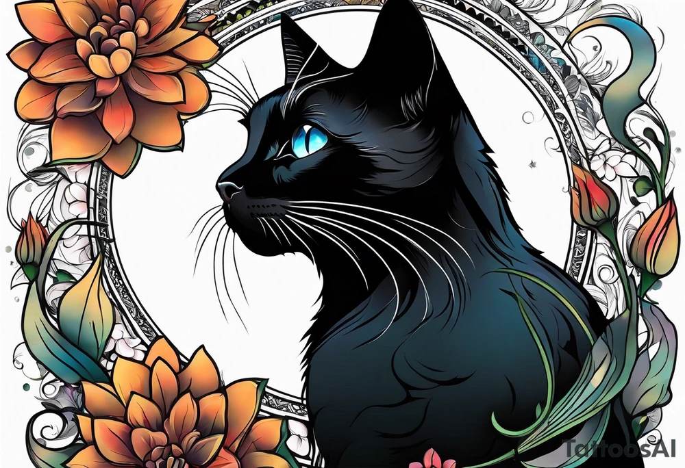 Photo realistic black cat with moon and flowers tattoo idea