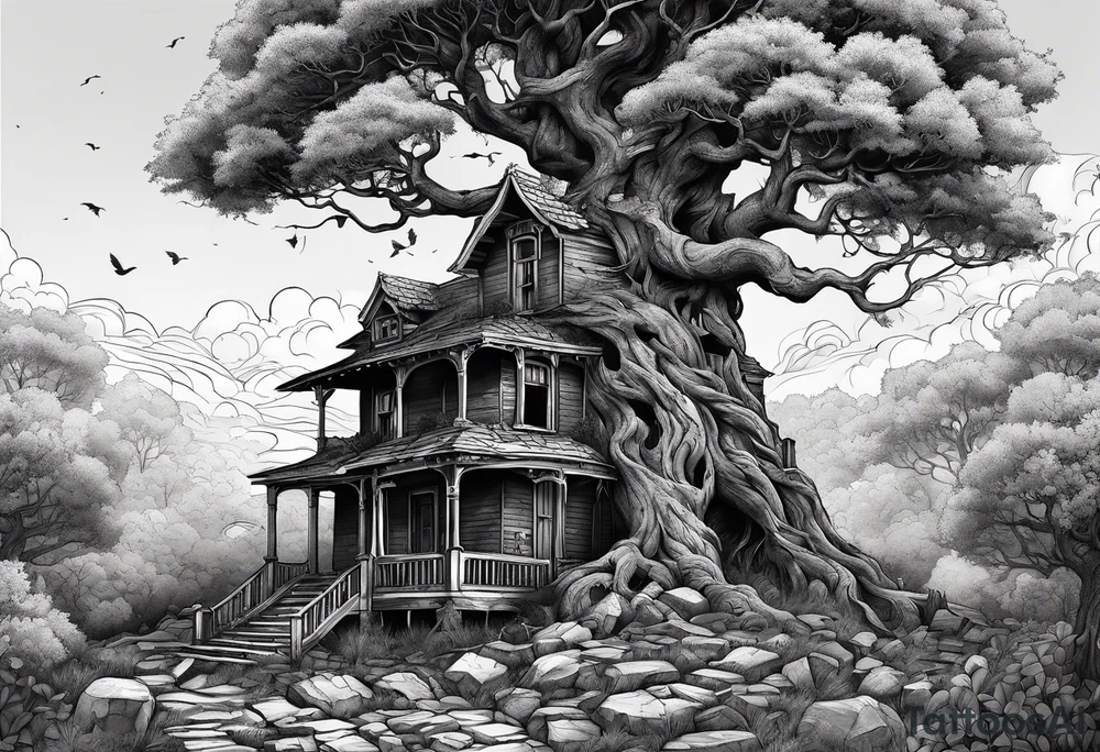 the tree of life growing out of a broken house with the devine child at its doorsteps tattoo idea