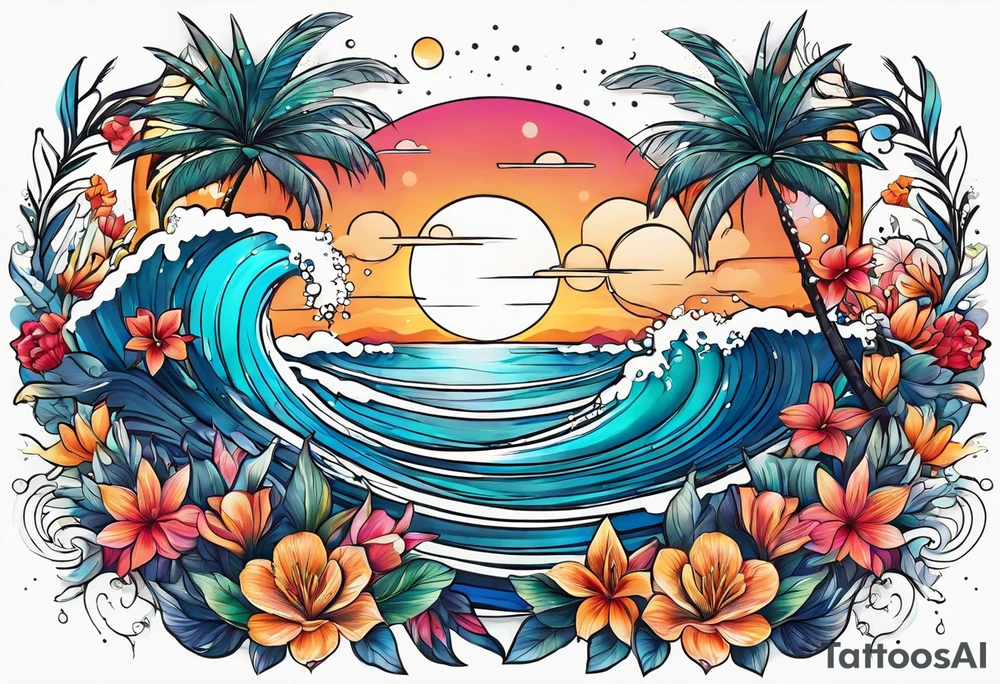 sea,, night, flower, palm, tattoo idea