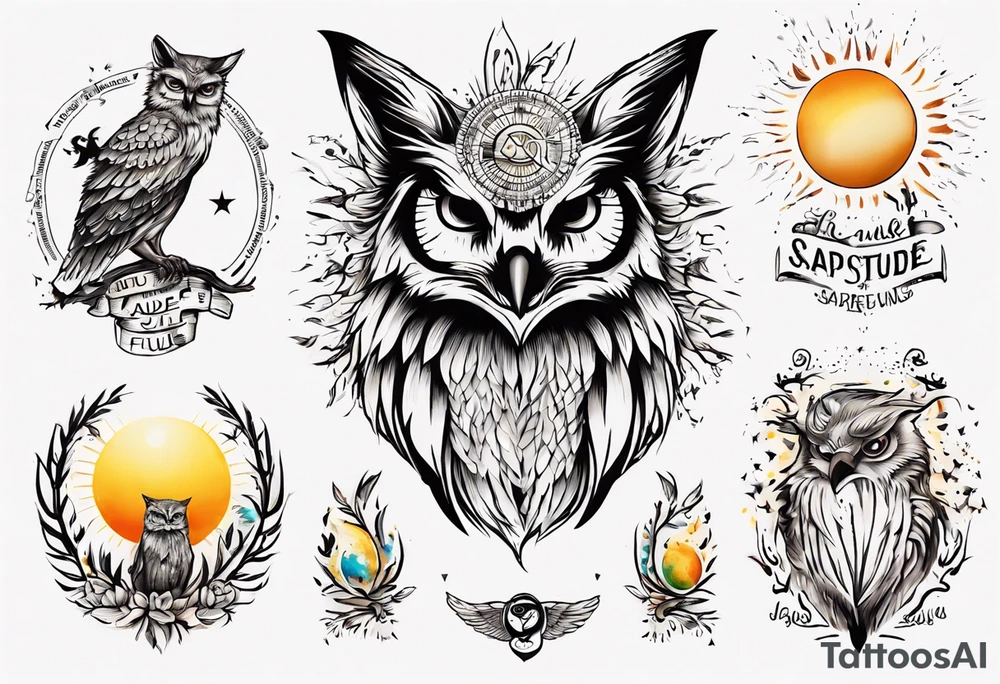 halb 
Fuchs halb Eule unter der Sonne mit dem Schriftzug Sapere Aude tattoo idea