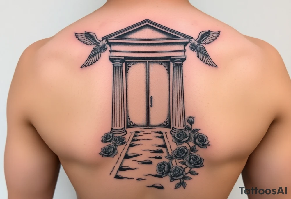 rocky  road to better on this journey on recovery, protected by a strong belief in God, failed alot, resilence is key represented by ancient temple columns and transcending gates, angels, transformation by roses growing from carpet tattoo idea
