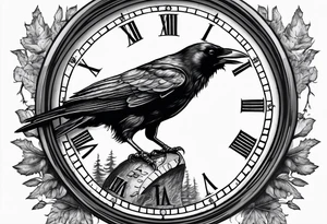 crow looking back twisted neck into forest inside a old clock tattoo idea