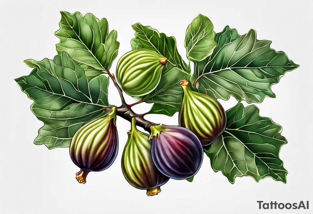 A fig branch with 3 greenish-brown fruits and multiple fig leaves tattoo idea