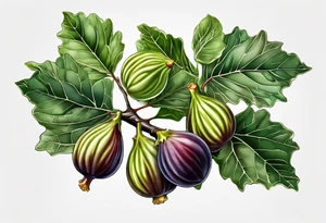 A fig branch with 3 greenish-brown fruits and multiple fig leaves tattoo idea