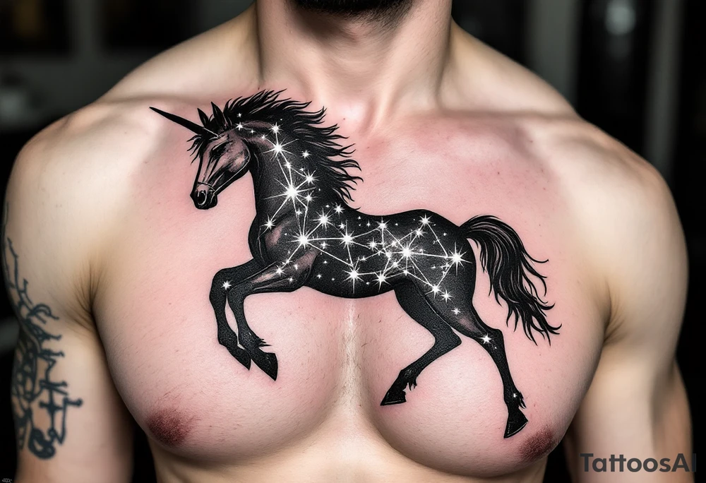 A half-human, half-horse centaur silhouette holding a bow, with the Sagittarius stars constellation in metallic white across the chest. tattoo idea
