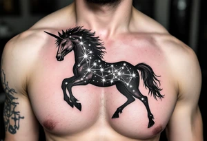 A half-human, half-horse centaur silhouette holding a bow, with the Sagittarius stars constellation in metallic white across the chest. tattoo idea