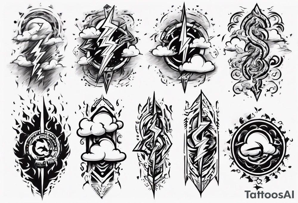 forearm sleeve lightning and clouds pattern tattoo idea