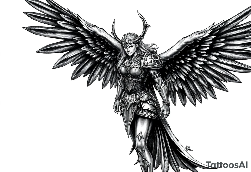 A fierce looking Valkyrie with very big dark wings. The whole body with legs should be visible.
She has armor.

In the background there is a viking shield on the left side and a vegvisir symbol on the right tattoo idea