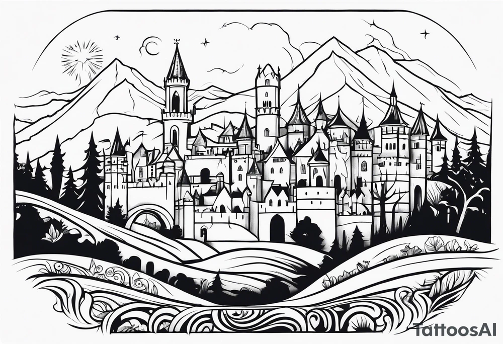 medieval tribal city 
floral  land  vignette tattoo idea