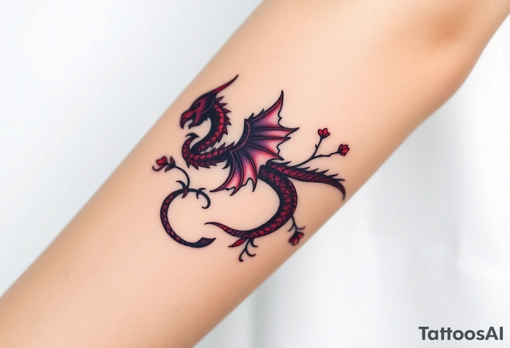 A bracelet wrapped around the arm dragon with purple and red tones, feathers and vines tattoo idea