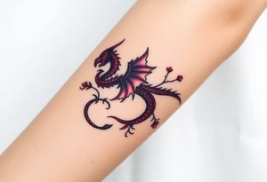 A bracelet wrapped around the arm dragon with purple and red tones, feathers and vines tattoo idea