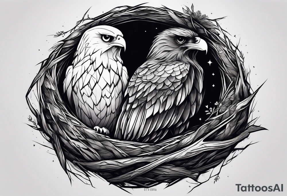 Owl, raven, eagle cuddled in a nest, looking down into the nest tattoo idea