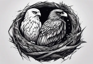 Owl, raven, eagle cuddled in a nest, looking down into the nest tattoo idea