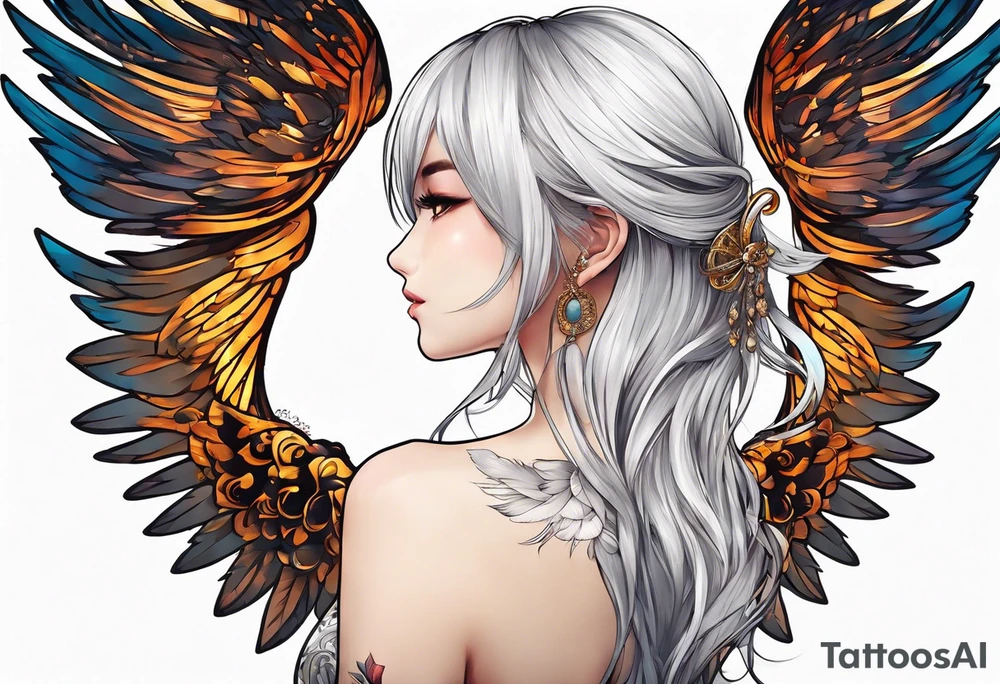 girl angel side profile, with wings, with floating halo, anime style tattoo idea