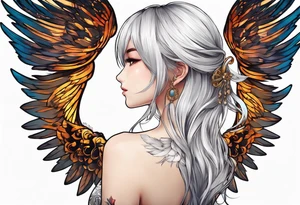 girl angel side profile, with wings, with floating halo, anime style tattoo idea