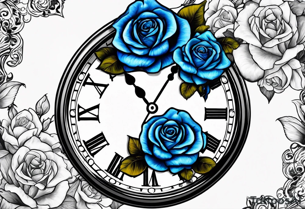 Pocket clock with blue roses tattoo idea