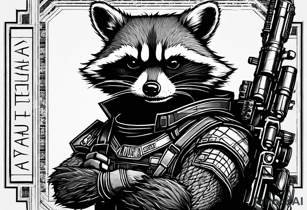 Rocket Raccoon with arms folded. Background with computer screens displaying text in binary font "I have a plan". tattoo idea