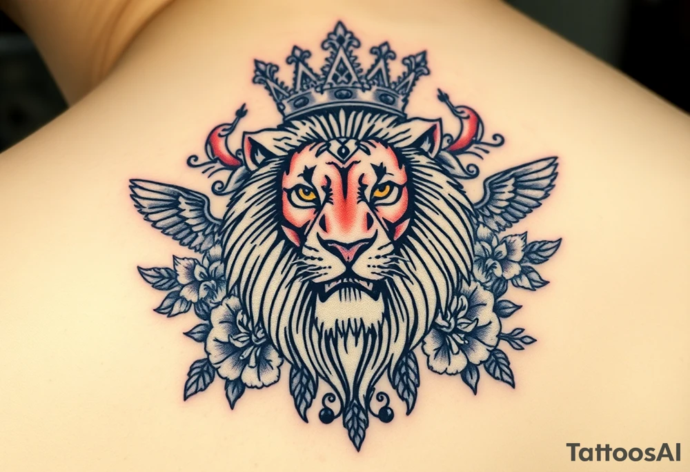 powerful majestic lion with a crown, surrounded by floral ornaments and birds tattoo idea