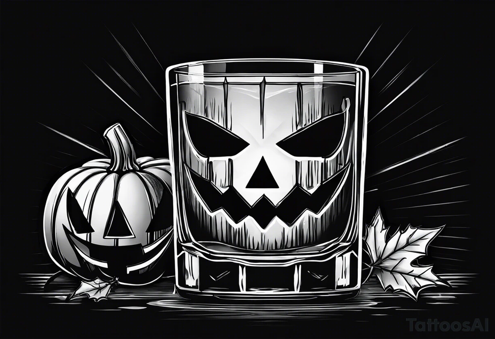 glass of whiskey but the ice cube is a jack-o-lantern tattoo idea