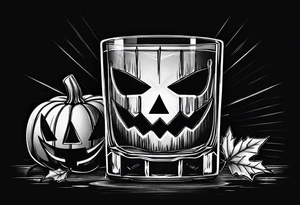 glass of whiskey but the ice cube is a jack-o-lantern tattoo idea