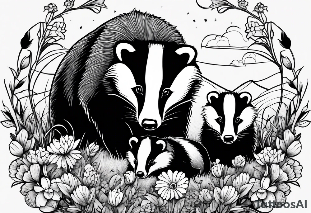 A badger with a cub in a field of flowers, realistic in center and getting more trippy towards the edges tattoo idea