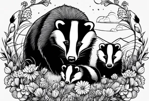 A badger with a cub in a field of flowers, realistic in center and getting more trippy towards the edges tattoo idea