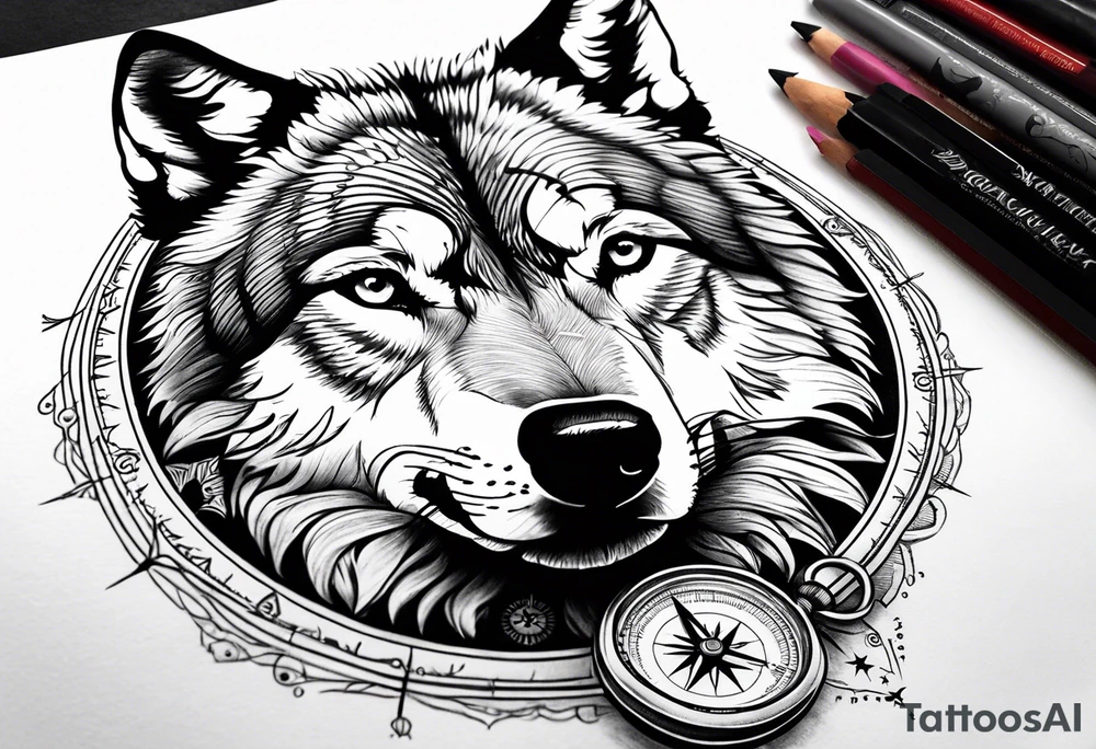 Wolf face with compass and my daughters name Madison tattoo idea