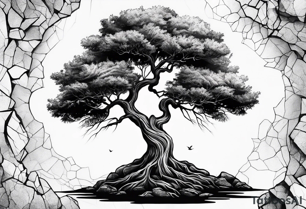 Tree growing out of stone with roots creating cracks tattoo idea