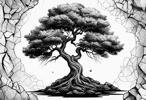 Tree growing out of stone with roots creating cracks tattoo idea