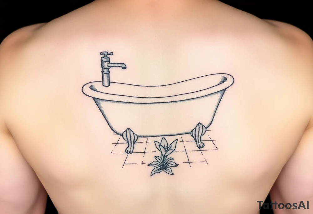 clawfoot bathtub with simple faucet and lily coming up out of the tile floor tattoo idea