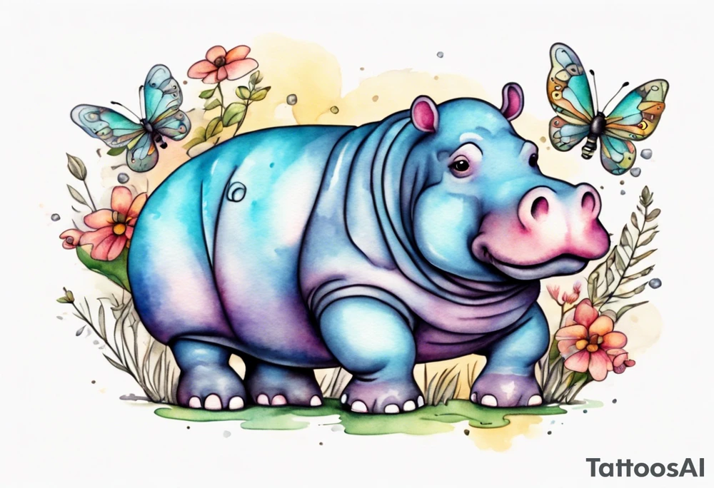 Whimsical tattoo of a hippo and a bug. Colorful and cute tattoo idea